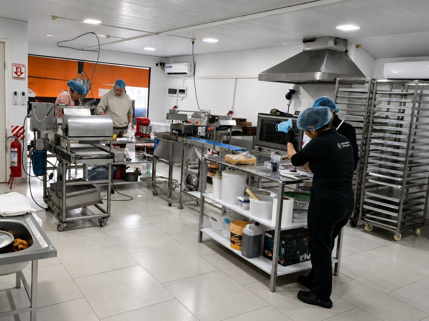 Interior de la fábrica PETRA en Asunción: el equipo elaborando alfajores de forma artesanal