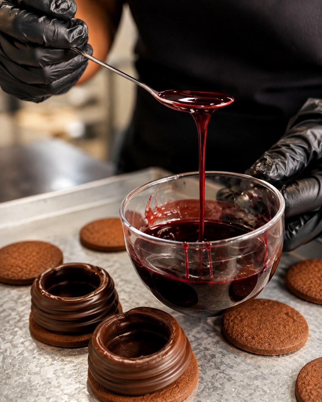 Reducción de vino Malbec vertida sobre las tapas de alfajor PETRA en la fábrica