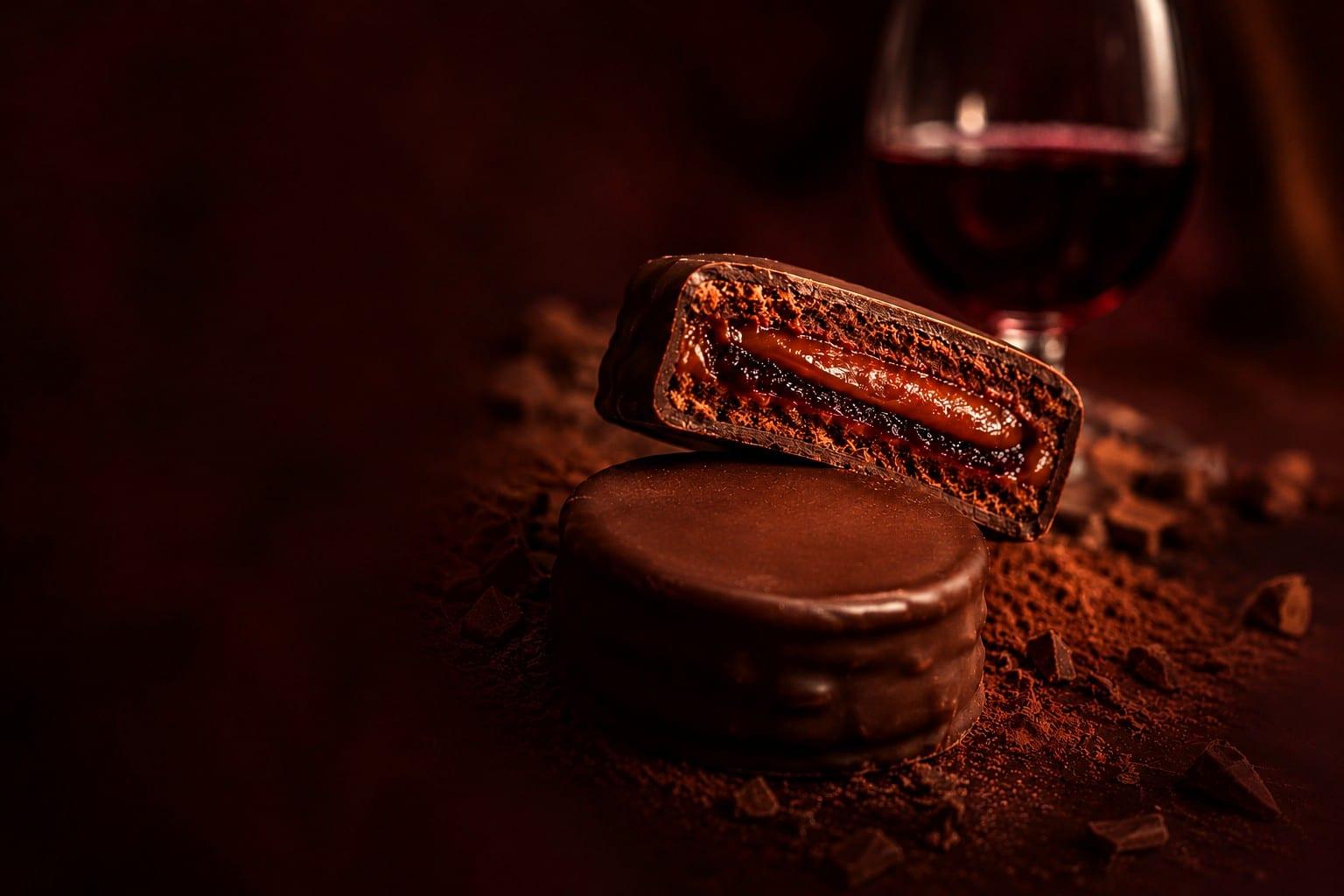Alfajor PETRA cortado con relleno, junto a una copa de vino tinto
