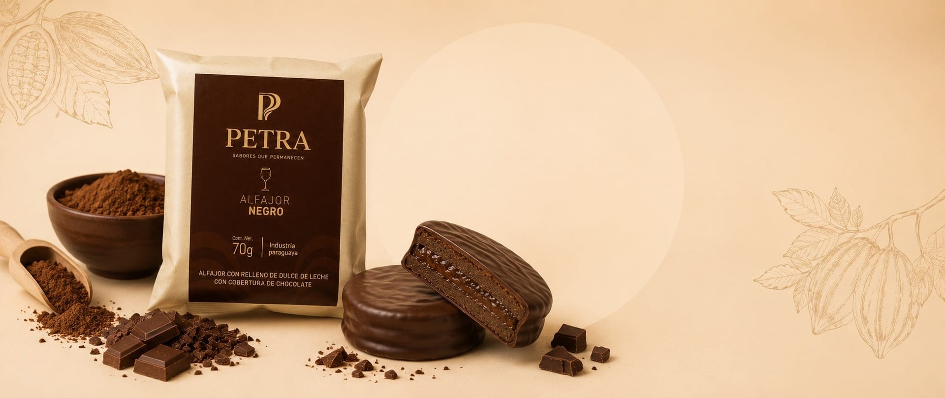 Alfajor PETRA Negro con cacao, dulce de leche y chocolate